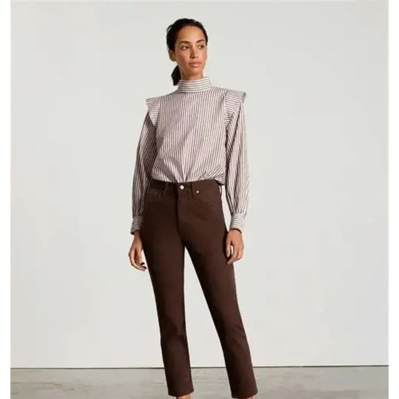 Rare NWT Everlane Shirt Women Brown Stripe The‎ Wing Shoulder Cotton Blouse Sz 8 - Picture 2 of 4